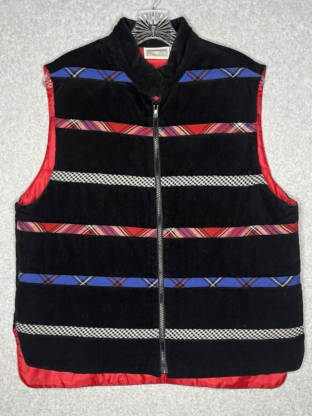 Susan Bristol Women's L Black Corduroy Plaid Patchwork Quilted Vest Vintage